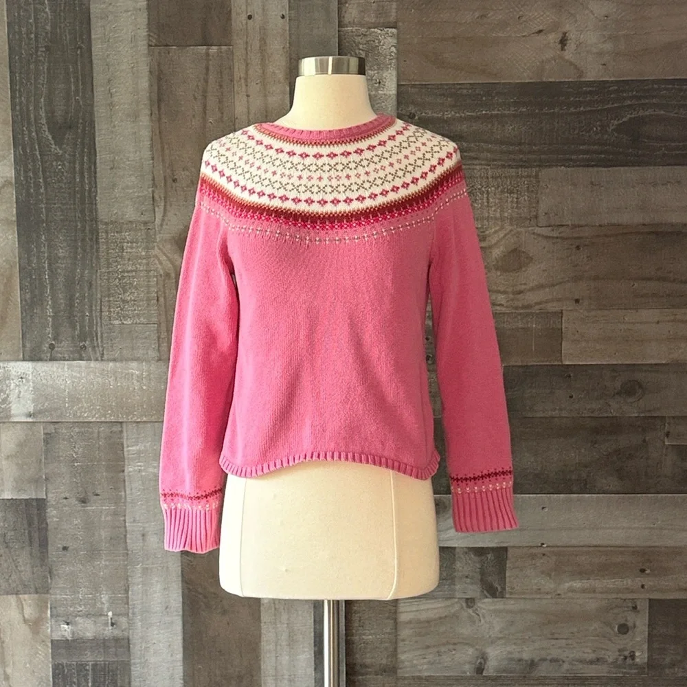Lands’ End pink knit Nordic pattern sweater girls size 14 preppy holiday winter